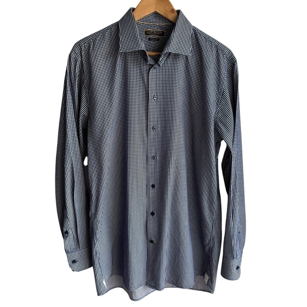 Lipson Shirtmakers Plaid Dress Shirt Mens Large 16.5 Navy 100% Cotton Office EUC